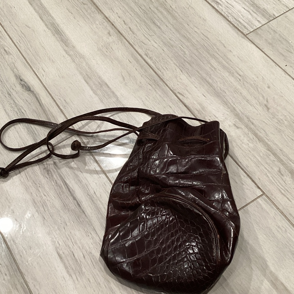 Brown Croc-Embossed Drawstring Womens Bag